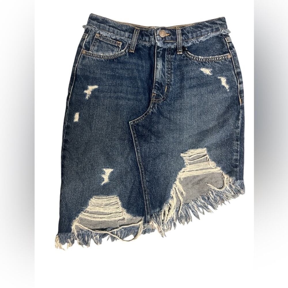 Current Elliot The Playmate Asymmetric Jean Skirt Denim Distressed NWT Size 26